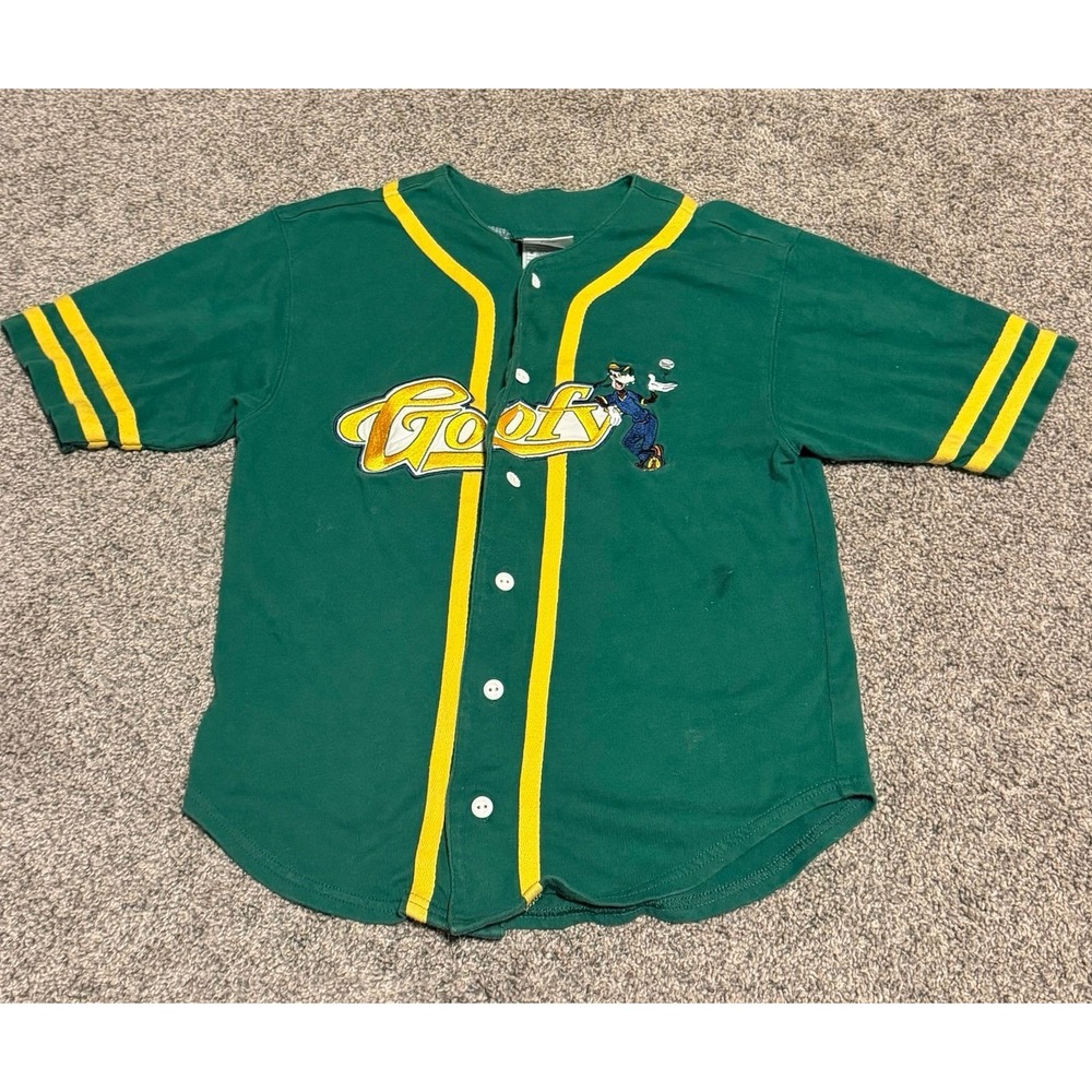 Vintage Disney Store Goofy Baseball Jersey Youth Medium Green Button Front Shirt